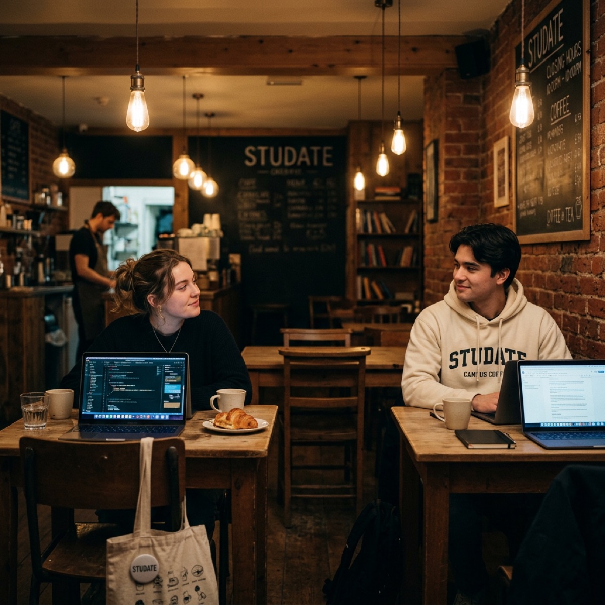 Two students working from a campus coffee shop