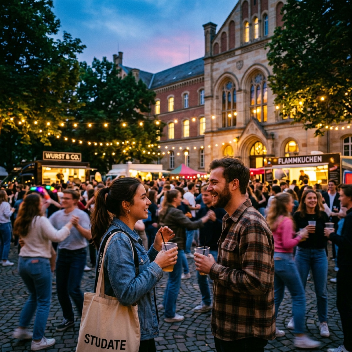Students at a campus summer festival with food trucks and string lights