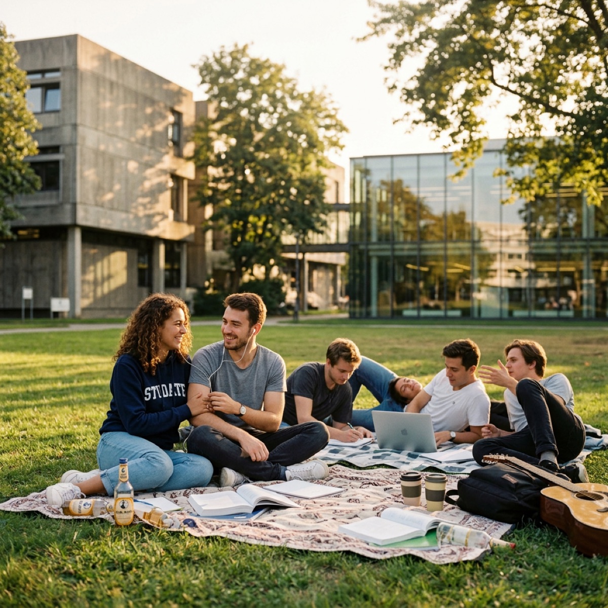 Friends sharing a picnic on the university lawn at golden hour