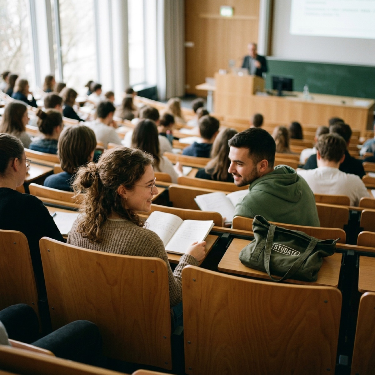 Two students sharing a laugh in a packed lecture hall