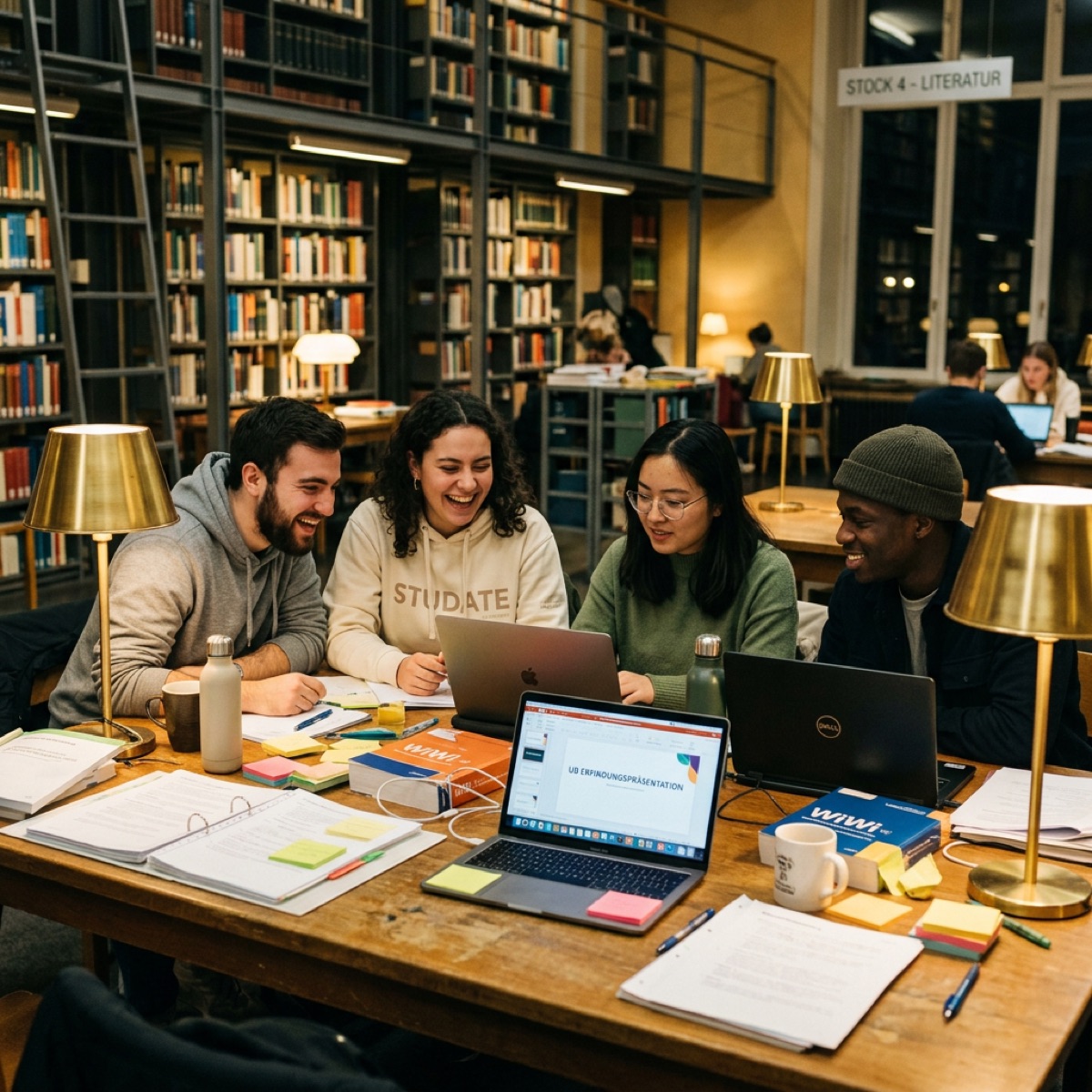 Students laughing during a late-night study group in the library