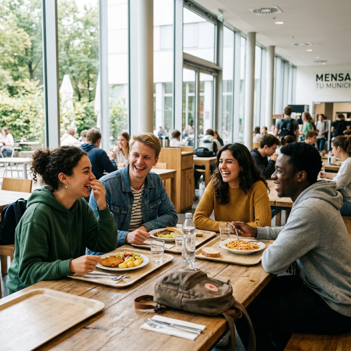 Four friends laughing over lunch in the Mensa